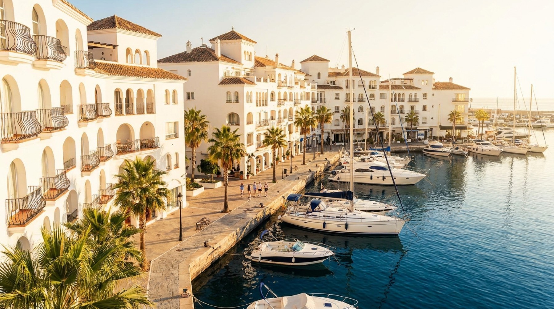 Puerto Marina de Benalmádena con su arquitectura blanca y veleros amarrados
