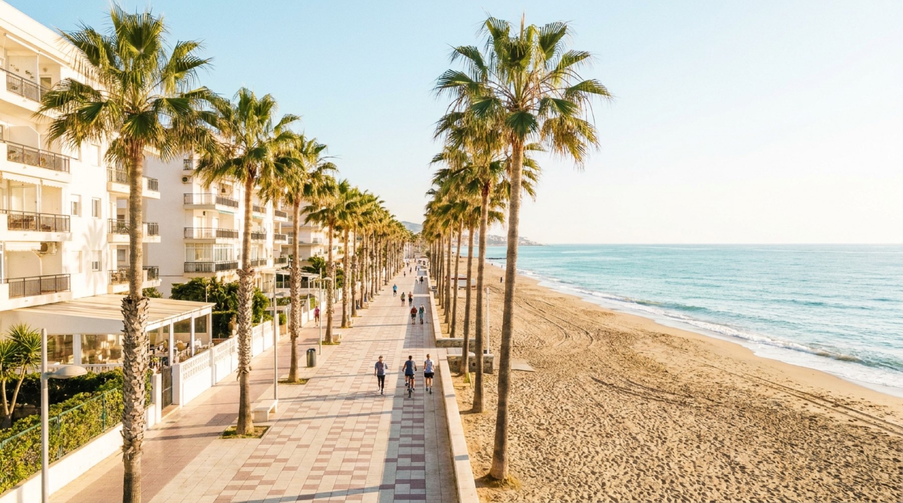Paseo marítimo de Fuengirola con palmeras y playa de arena